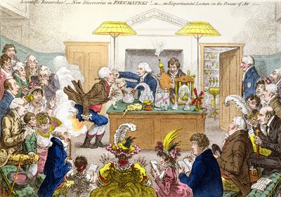 Scientific Researches! New Discoveries in PNEUMATICKS! or An Experimental Lecture on the Powers of Air, cartoon of a lecture at the Royal Institution demonstrating the effects of laughing gas by James Gillray